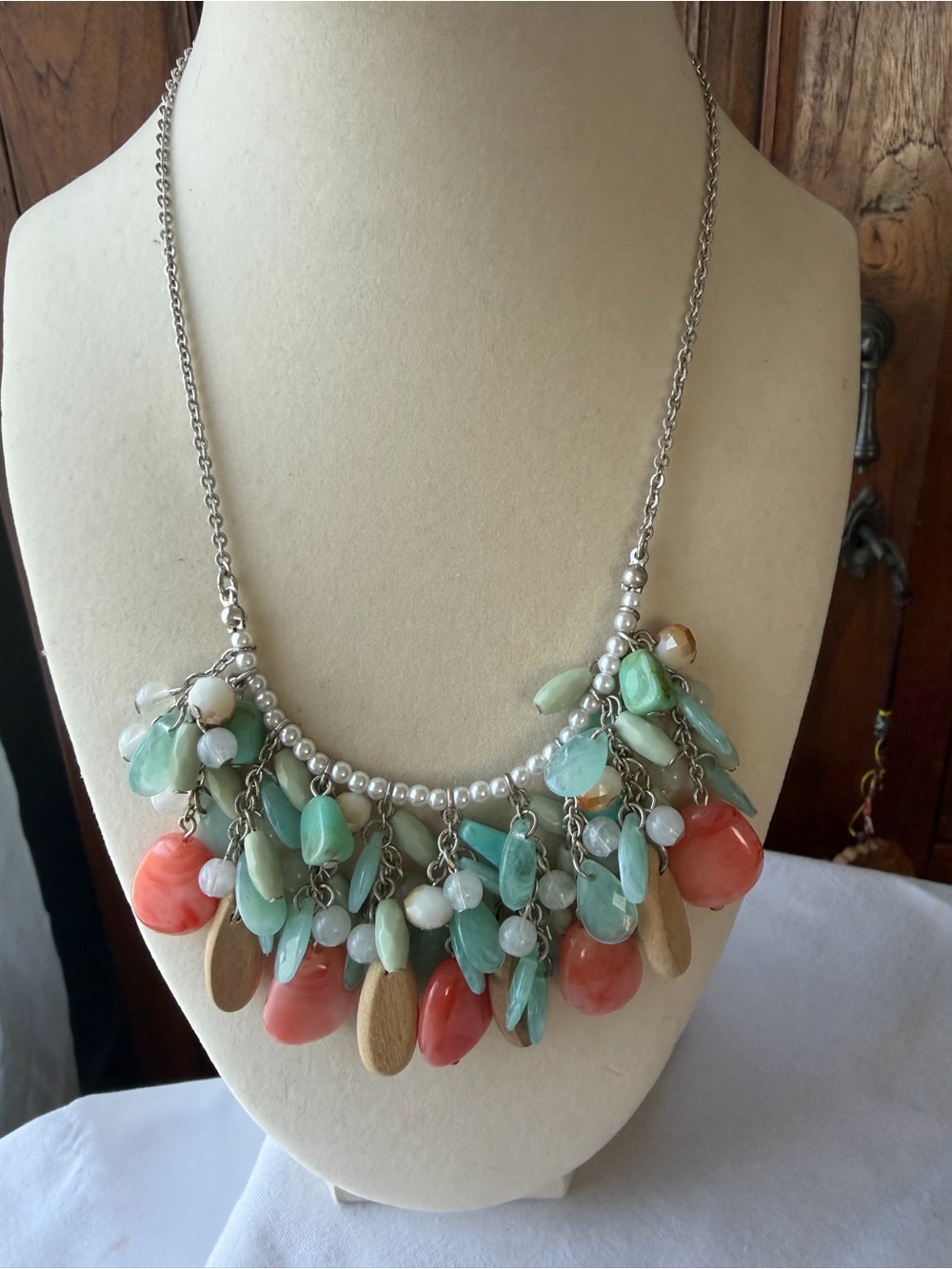 Premier Designs Coral Aqua Statement Necklace Pearl Charm Bib Necklace